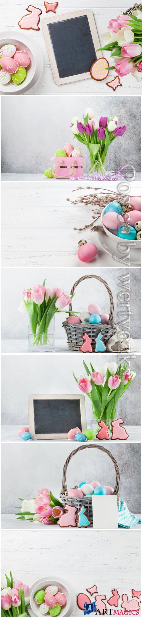Happy Easter stock photo, Easter eggs, spring flowers