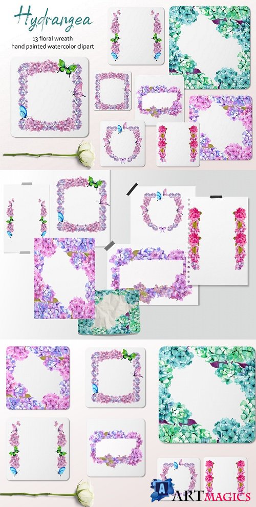 13 beautiful watercolor frames with hydrangea flowers  - 520612