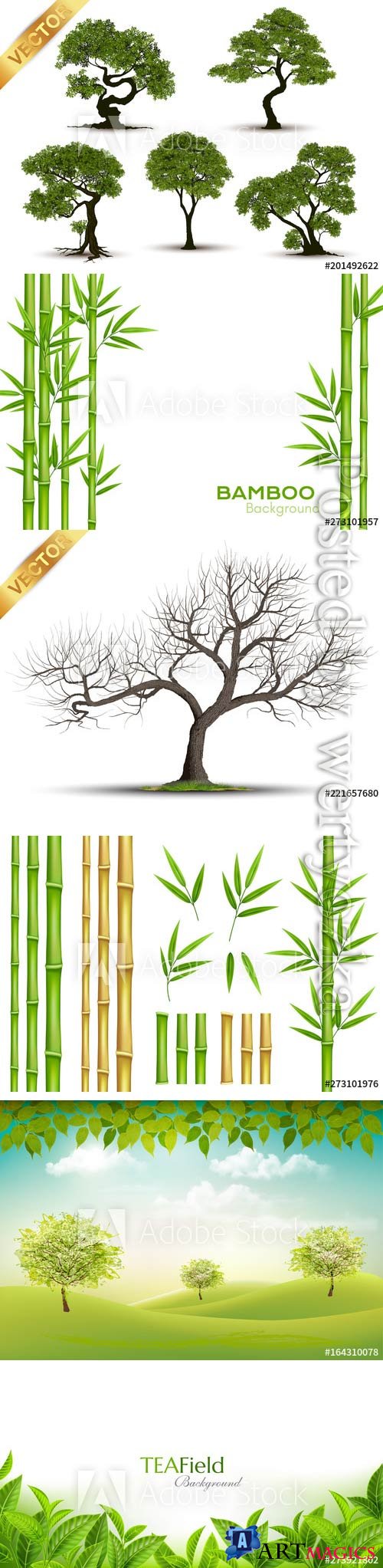 Vector trees, bamboo, green leaves