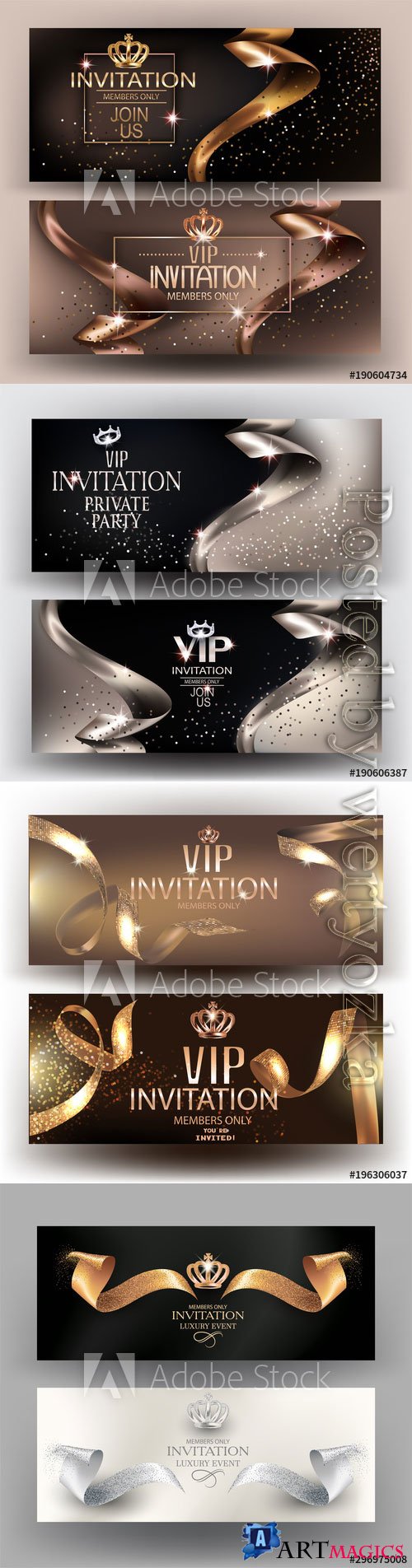 Vip elegant vector invitation cards with gold beautiful ribbons and vintage elements