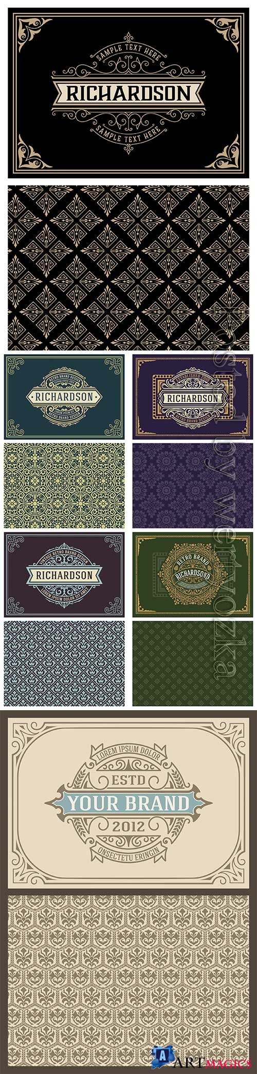 Vintage greeting vector card with ornate swirls and retro background template