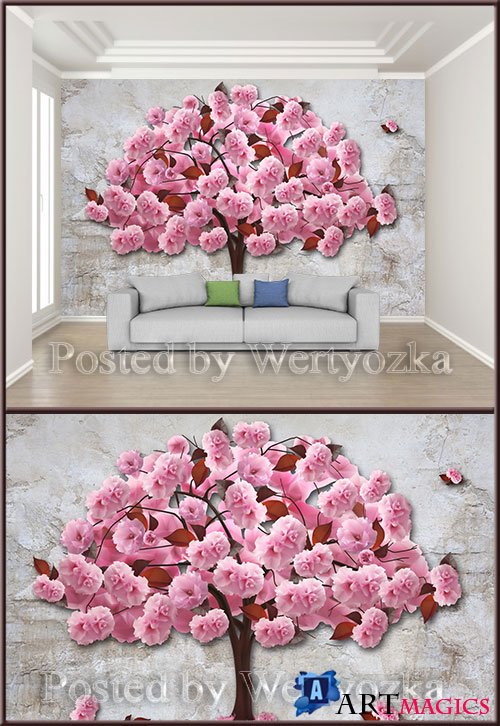 3D psd background wall romantic pink cherry