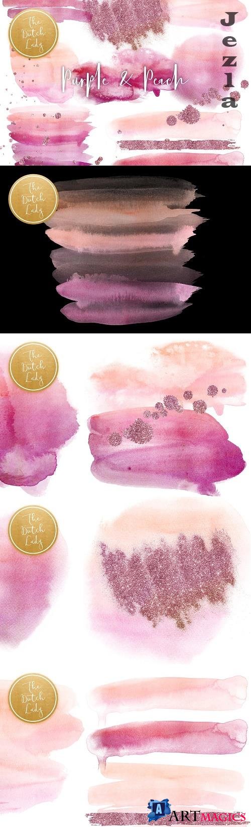Purple & Peach Watercolor Clipart - 4730226