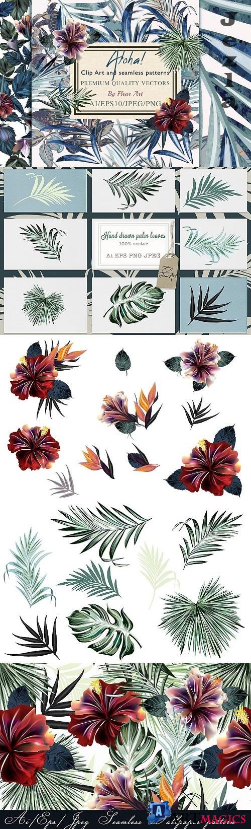 Tropical vector hibiscus illustrations set  - 522956