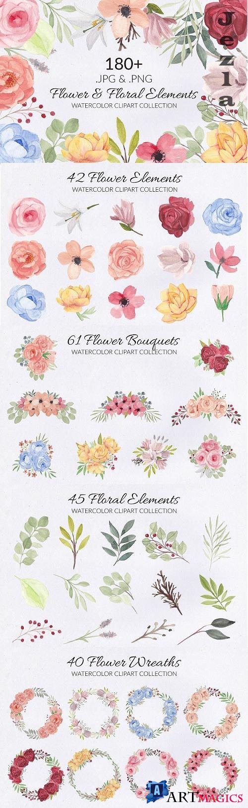 188 Flower and Floral Watercolor Illustration Clip Art - 524294