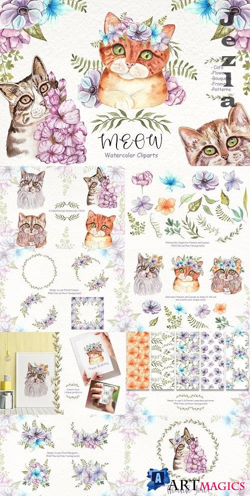 Watercolor Cats and Flowers - 4763761