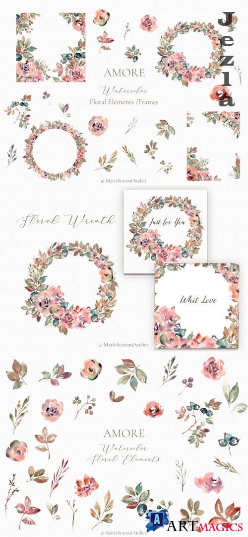 Amore - Watercolor Floral Elements and Frames