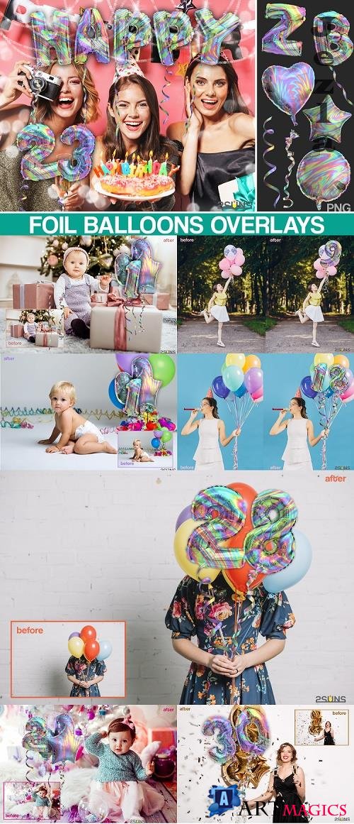 45 Foil Number Balloons Alphabet Photoshop Overlays Rainbow - 531720
