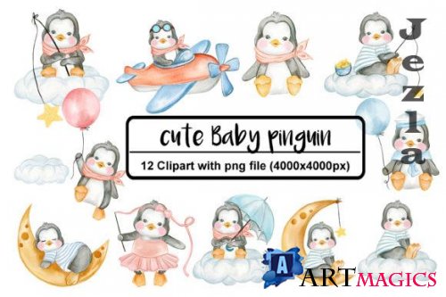 Set of Cute Penguin Watercolor
