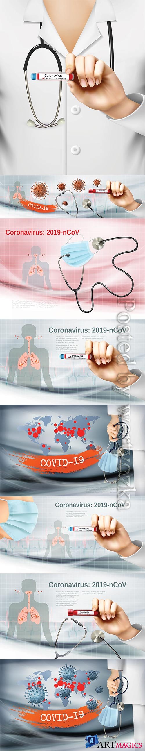 Coranavirus background with doctor holding tube with pasitiv test and stethoscope