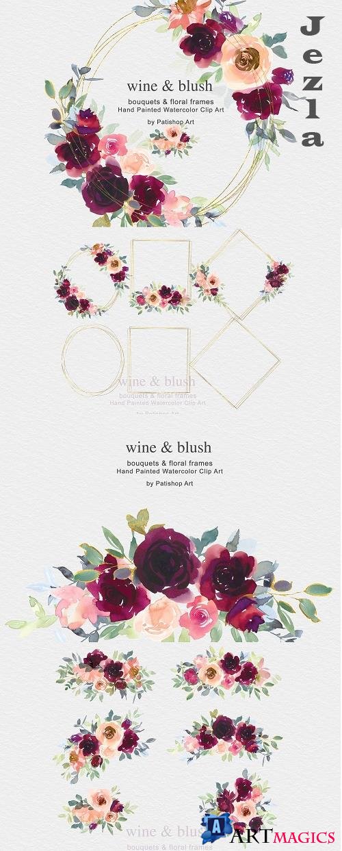 Wine & Blush Watercolor Clip Art Set - 4773740