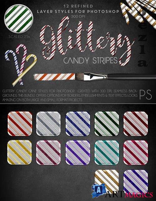 Thehungryjpeg - Glittery Candy Stripes -  Photoshop Styles - 98554