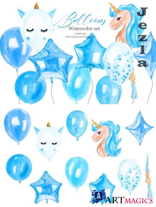 Blue Balloons Watercolor Clipart