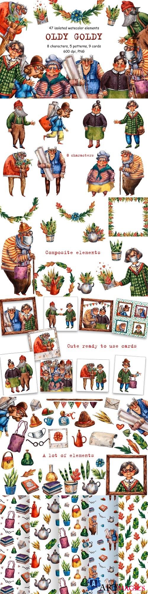 Oldy Goldy - Watercolor Clip Art Set - 4783469