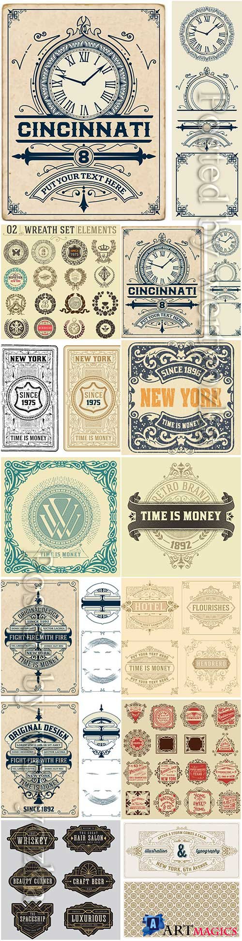 Vector vintage labels, emblems, logos, ribbons, patterns