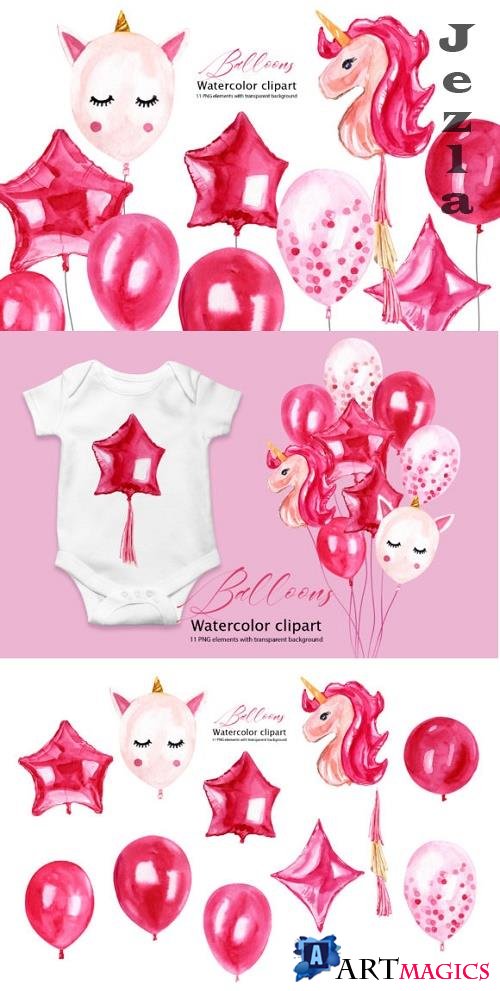 Watercolor Pink Balloons Clipart