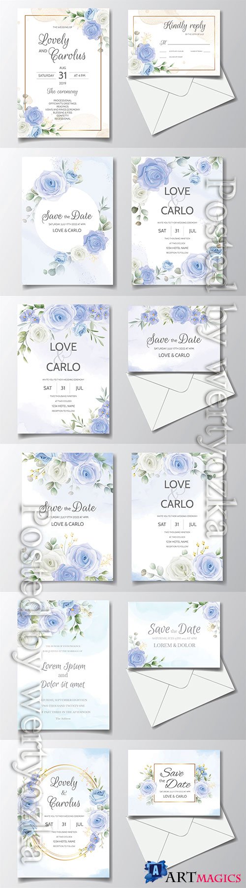 Vintage wedding invitation with blue roses in vector