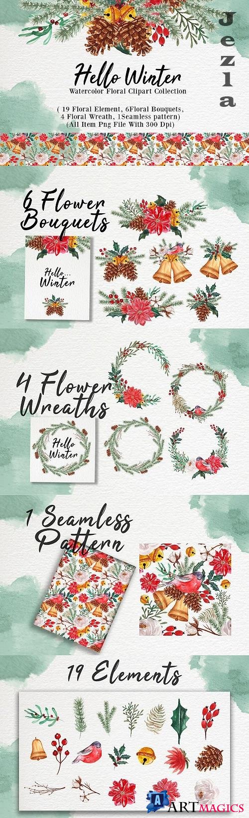 Hello Winter Watercolor Floral Collection  - Illustration Set -377870