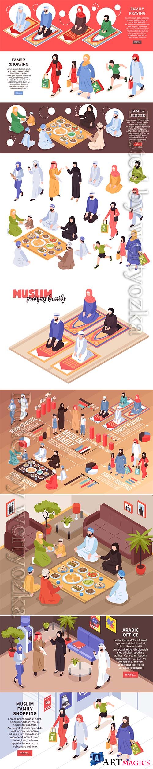 Arab family set with traditional food and shopping symbols isometric