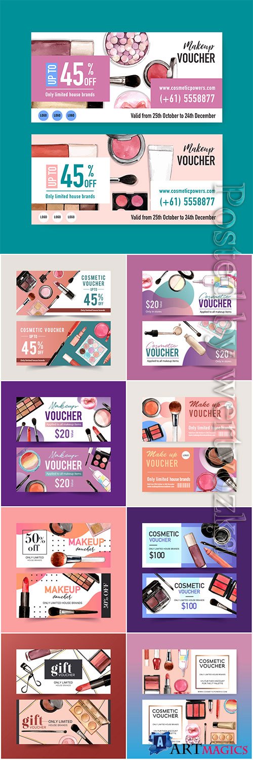 Cosmetic voucher vector set with lipstick, brush on, eyeshadow