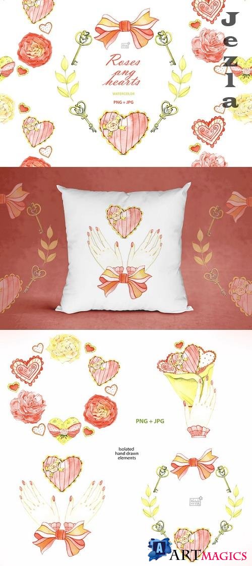 Watercolor roses and hearts clipart - 4800086