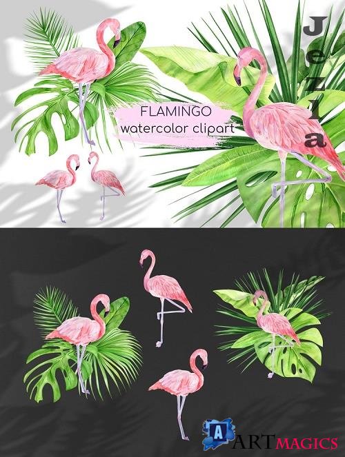 Watercolor Flamingo Clipart. Tropical pink famingo - 541819