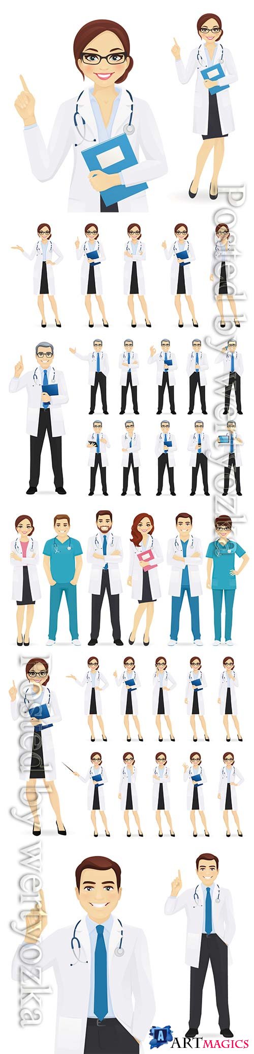 Doctors team in different poses set vector illustration