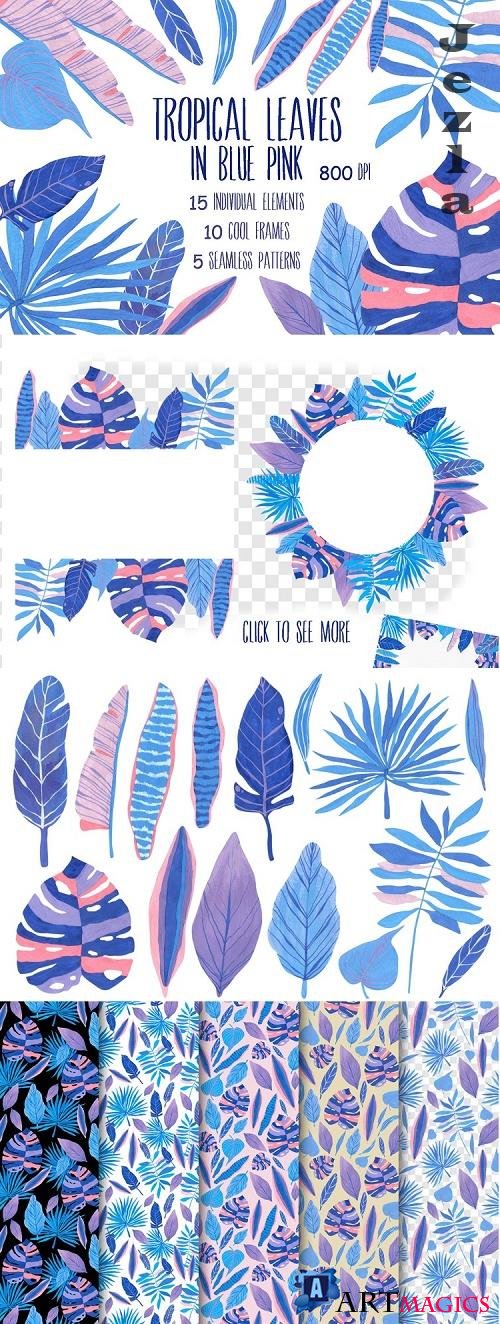 Tropical leaves in blue pink - 550795