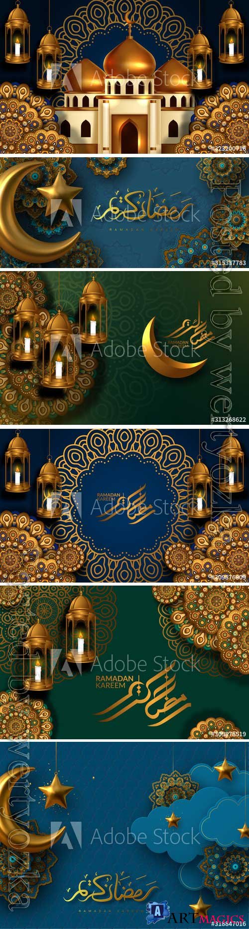 Ramadan Kareem vector card with 3d golden stars,  arabic calligraphy
