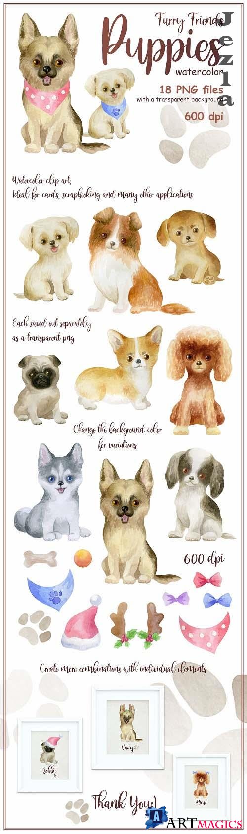 Furry friends. Puppies. Watercolor clip arts - 551895