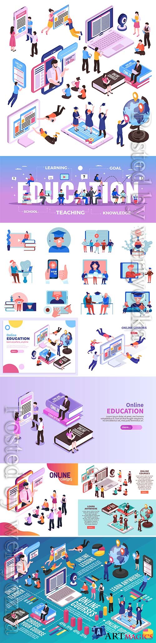 Online training vector infographics layout with electronic devices students