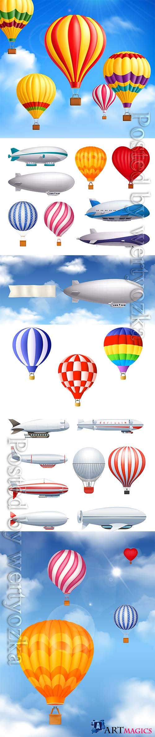Dirigible and balloons transportation realistic vector set