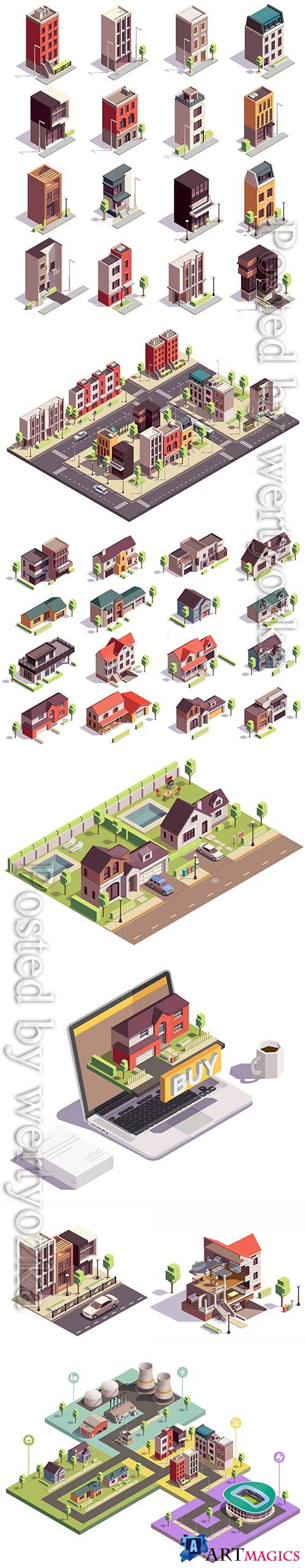 Townhouse buildings isometric vector set of sixteen isolated colourful buildings