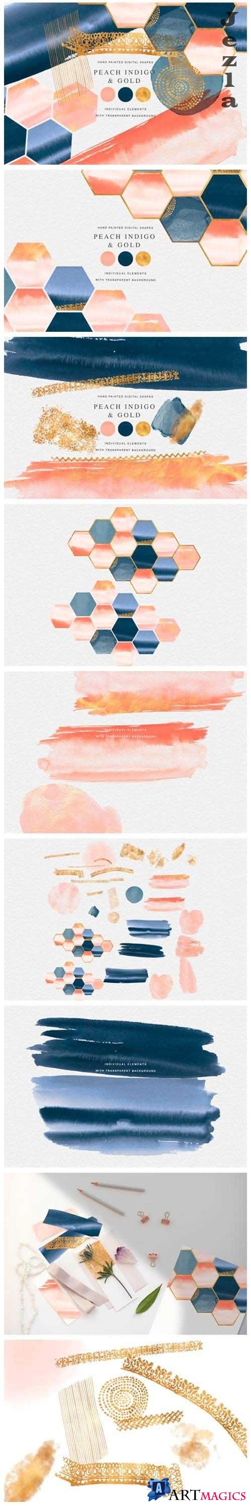 Watercolor Shapes Peach Indigo Gold - 4863290