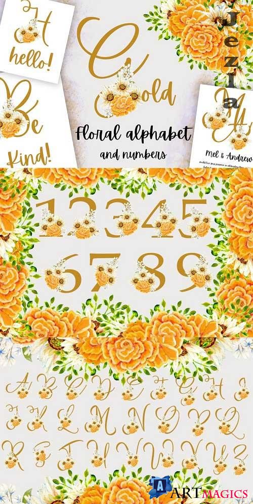 Wild flowers gold alphabet and numbers  - 556144