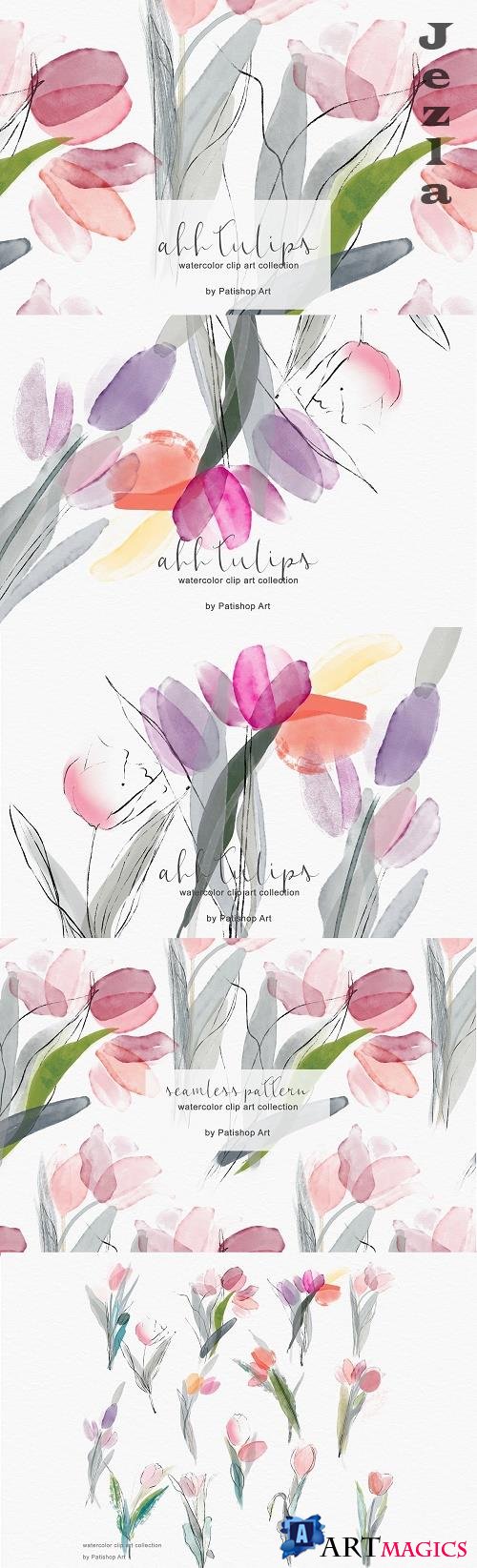 Delicate Watercolor Tulip Clipart Set - 4873212
