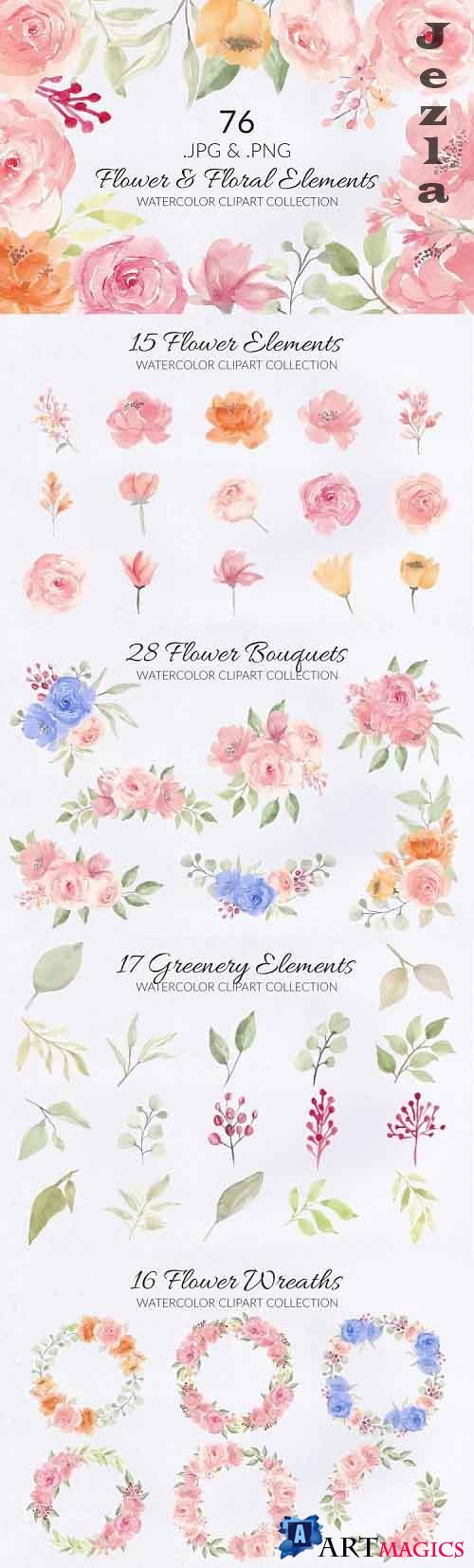 76 Flower and Floral Watercolor Illustration Clip Art - 561675