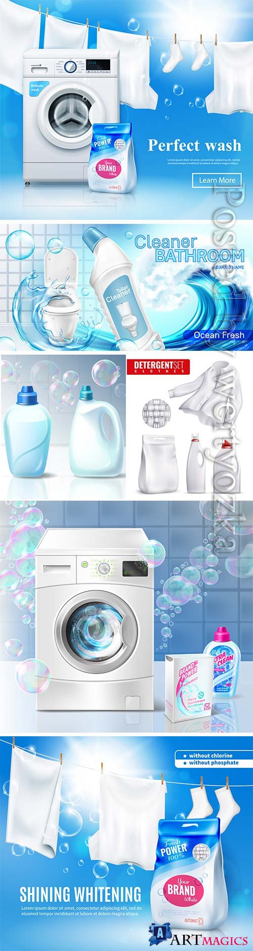 Vector detergents, cleaning products advertising posters