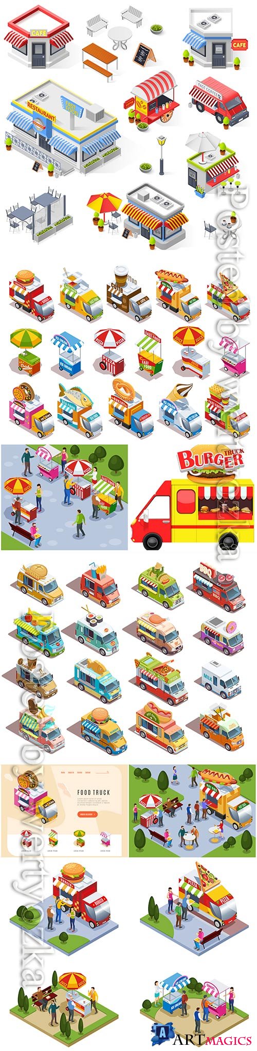 Food trucks and street carts vending fast food drinks and ice cream isometric icons set