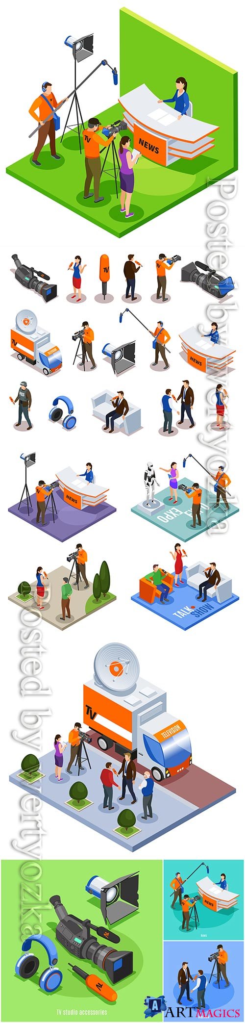 Concept set of talk show news expo and street interview isometric compositions vector