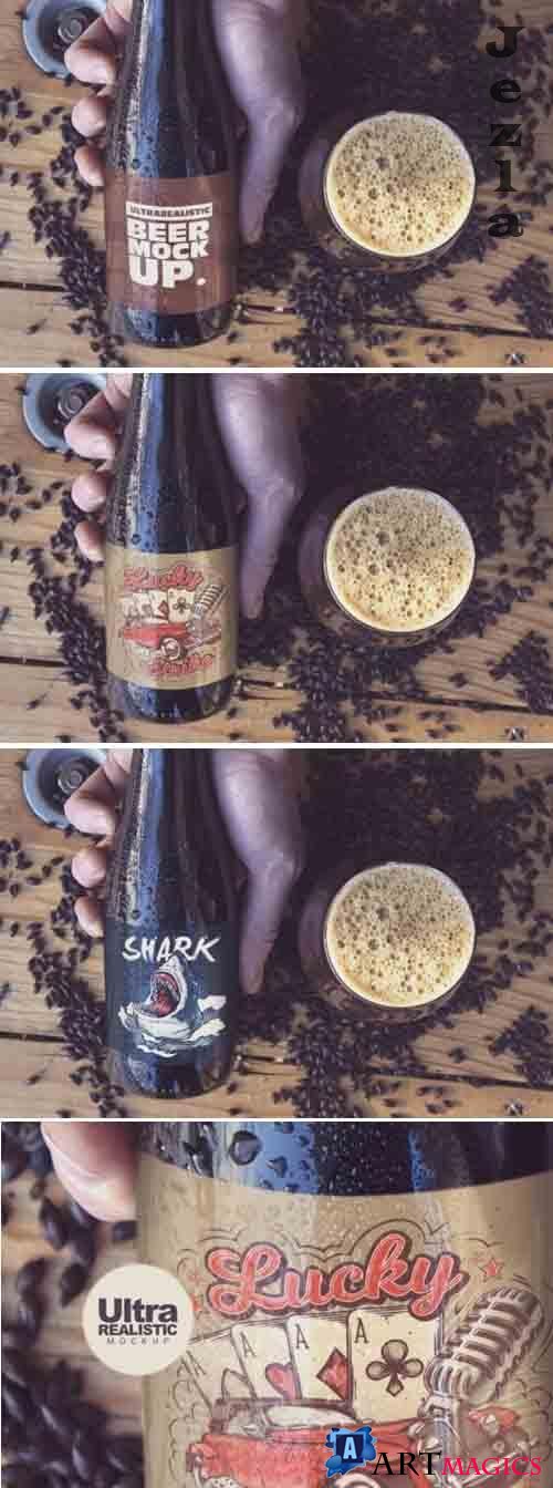 Bottle & Hand Black Malt Mockup - 4833341