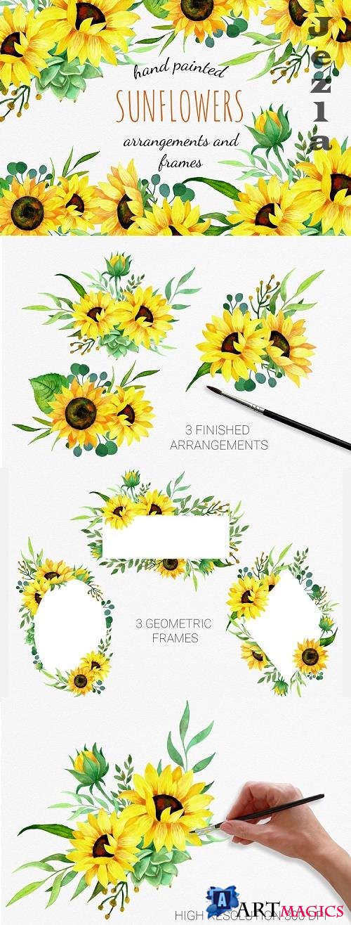 Sunflowers watercolor clipart, bouquets and frames - 572499