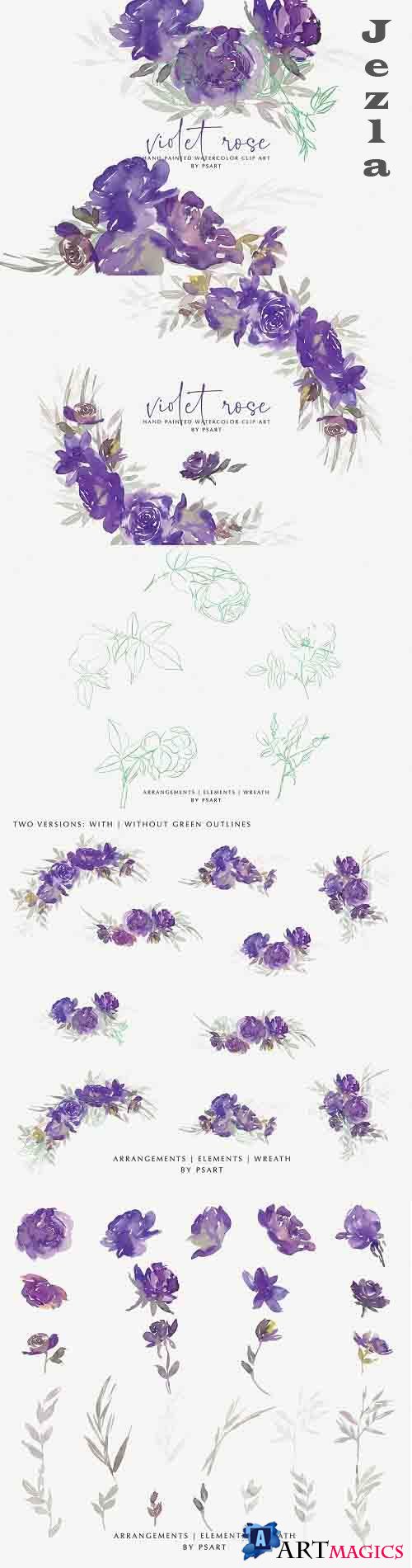 Watercolor Violet Rose Clipart Set - 4928909