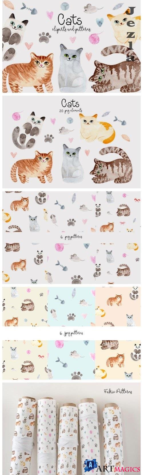 Watercolor Cute Cats. Patterns - 4181182
