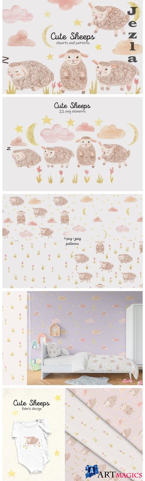Cute Watercolor Sheeps. Patterns - 3926196