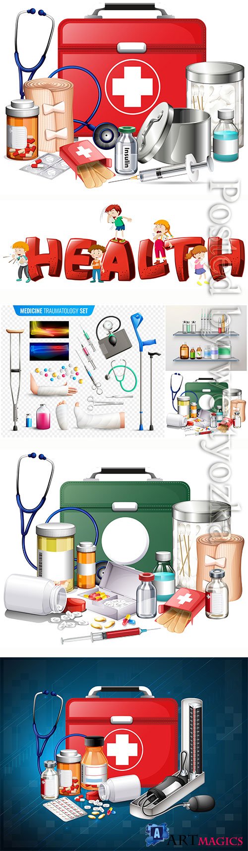 Many medical equipments and medicine vector illustration