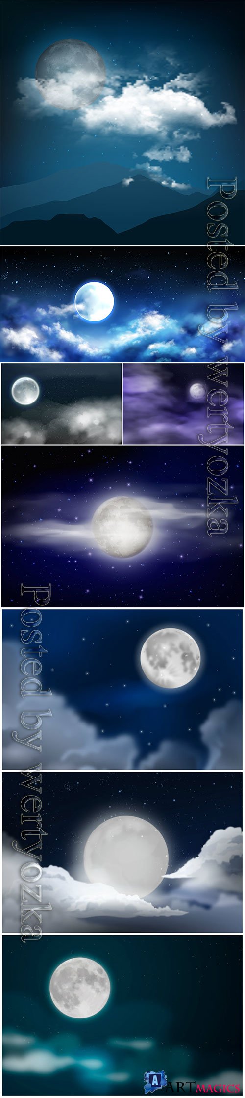 Moon, night sky, stars and clouds vector illustration