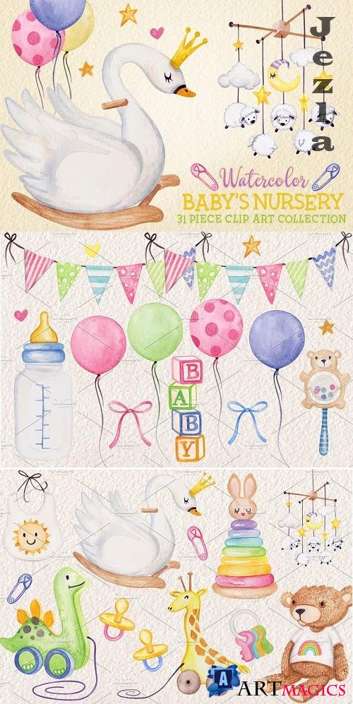 Watercolor Baby Nursery Clip Art Set - 3406509