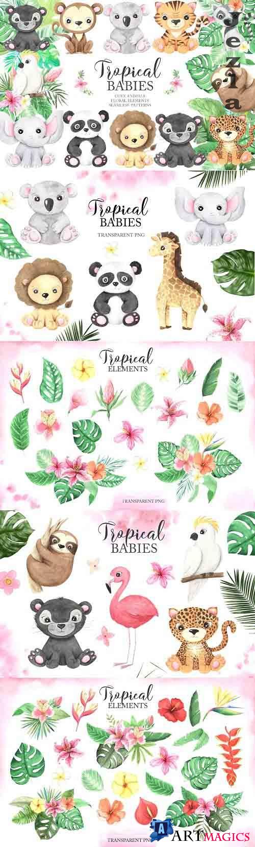 Watercolor Tropical Animals Clipart - 4767347