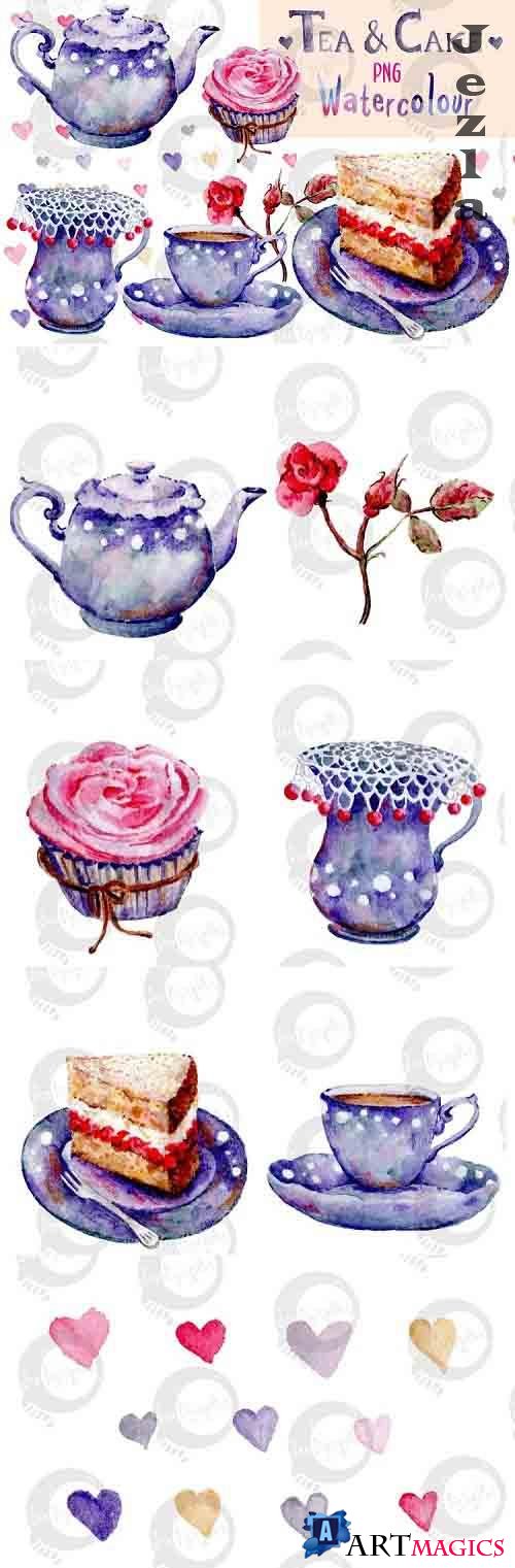 Tea and Cake | Watercolour clip art | Hand painted PNG  - 100884